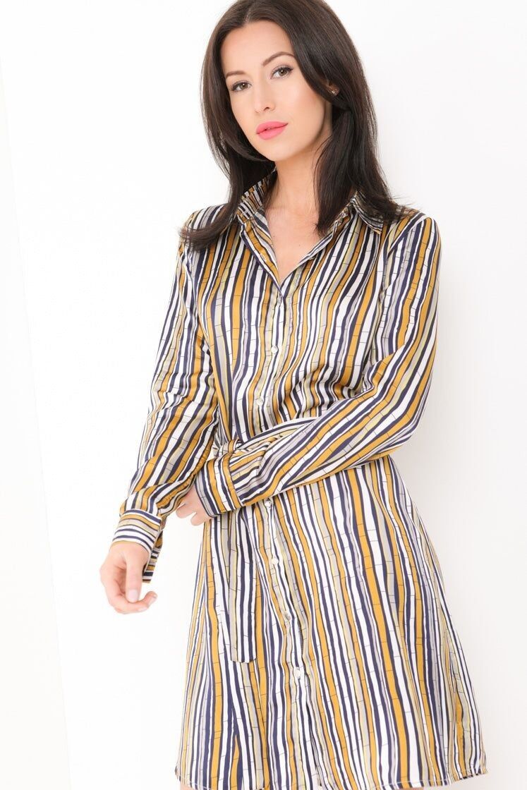 Abito camicia in raso a righe multiple