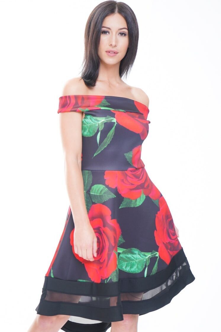 Abito skater Bardot con inserto in rete e stampa a rose