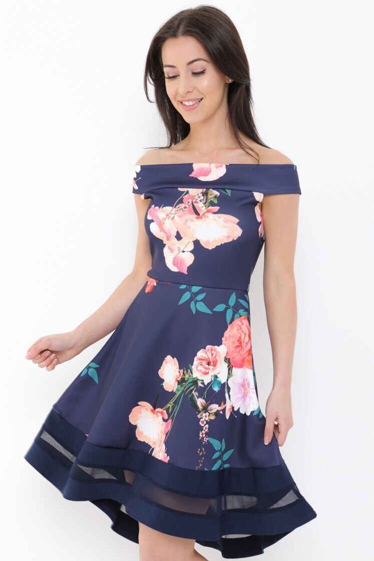 Abito skater Bardot con inserto in rete e stampa floreale botanica