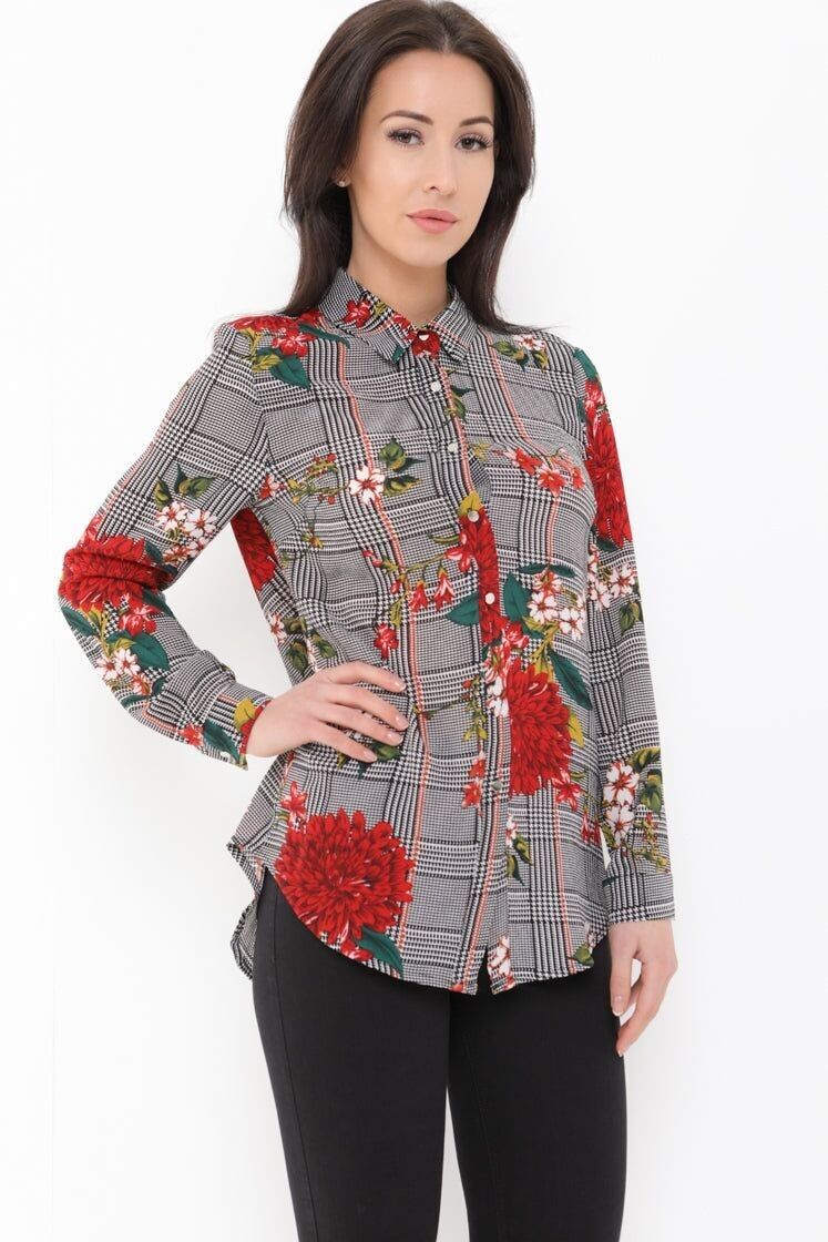 Camicia con stampa a quadri floreali