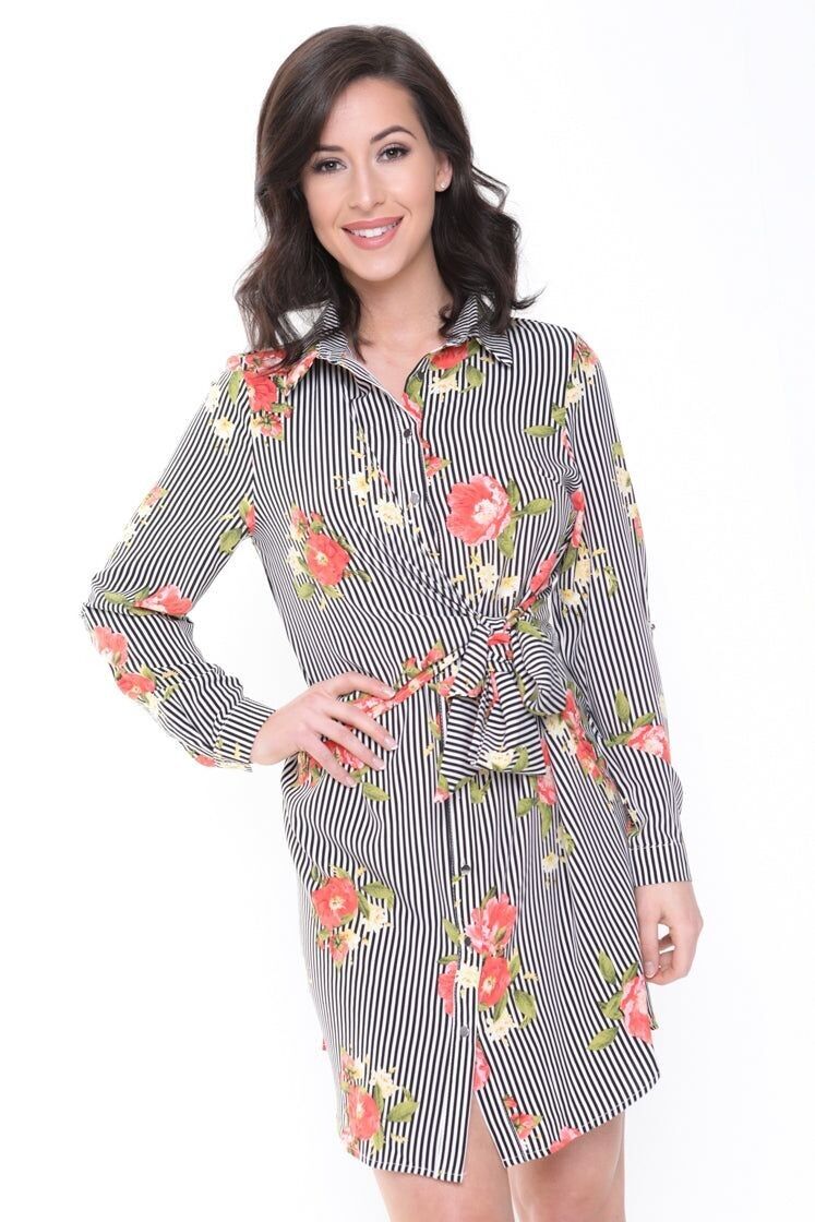 Abito camicia con nodo frontale e a righe floreali