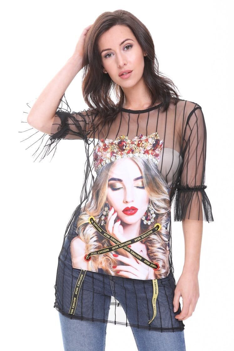 Abito da ragazza con applicazione Crown Girl in rete trasparente