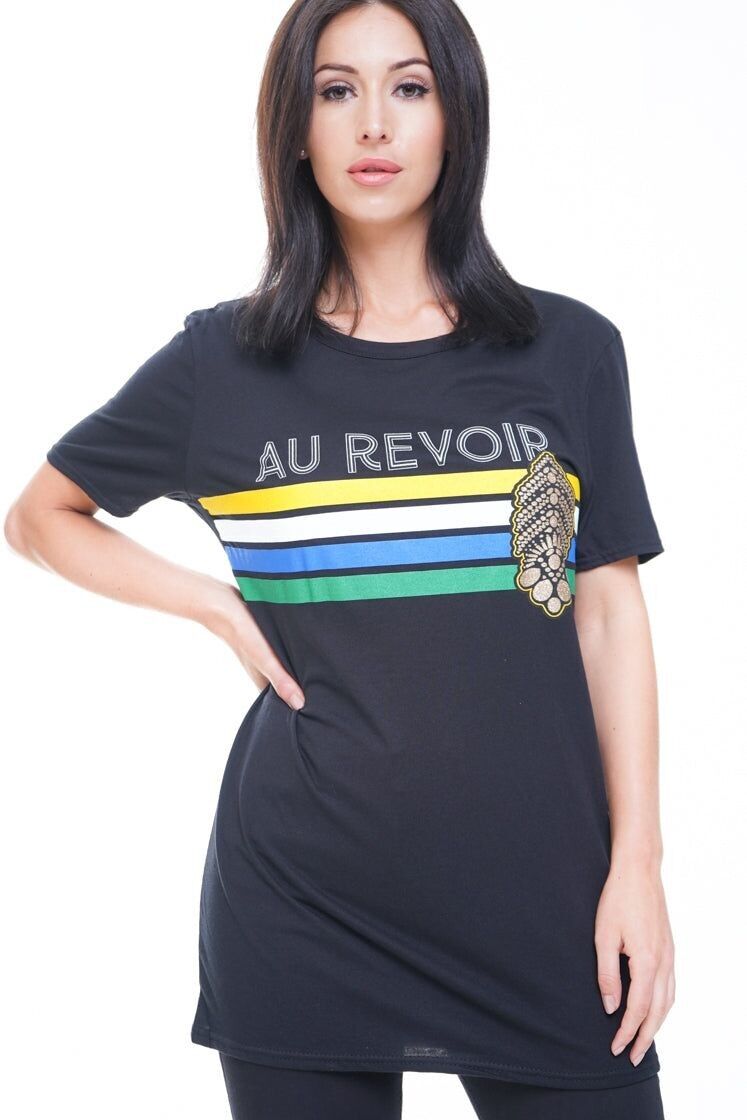 T-shirt grafica glitterata con slogan AU REVOIR