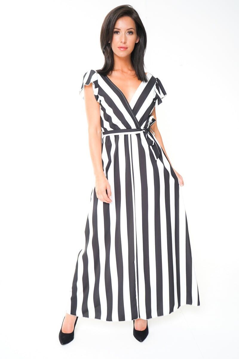 Abito lungo a righe arcobaleno con scollo a V