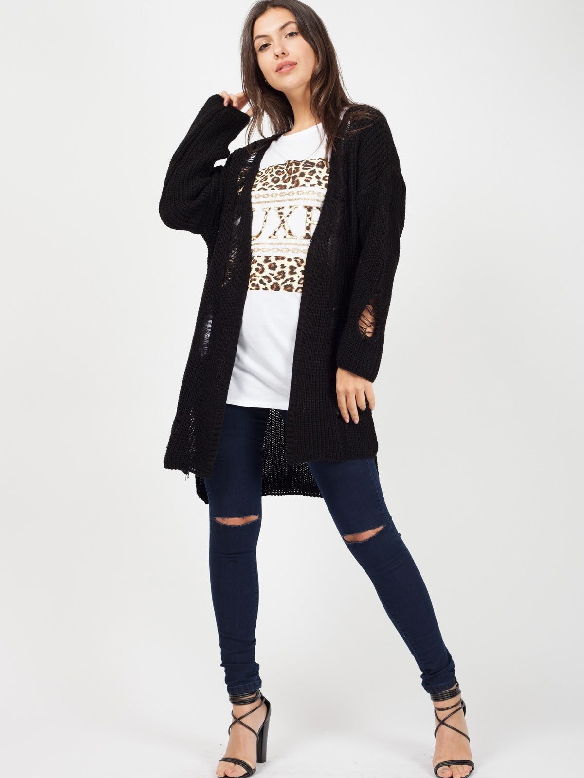 Cardigan aperto lavorato a maglia effetto consumato