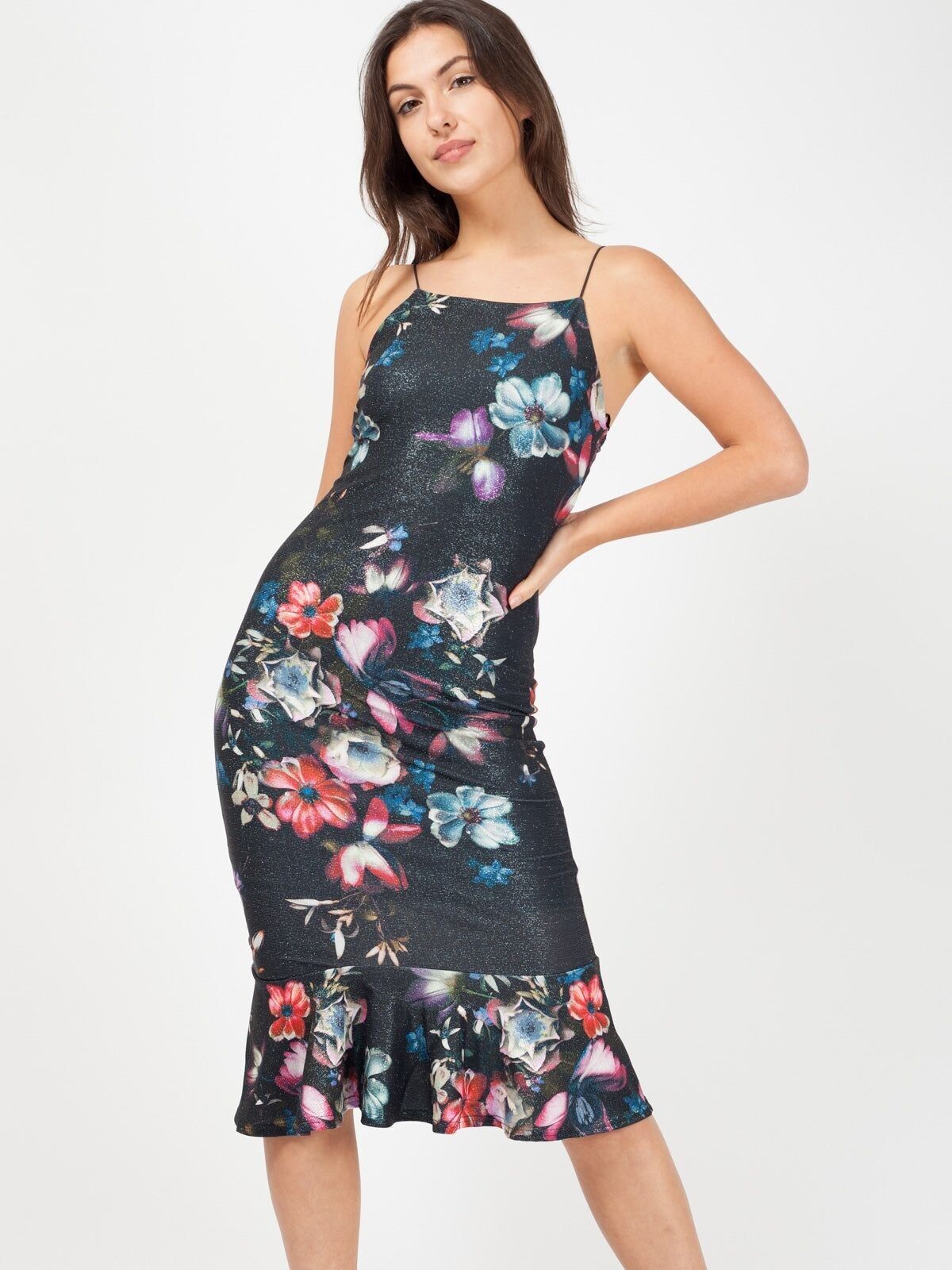 Abito midi con stampa floreale e dettagli in lurex