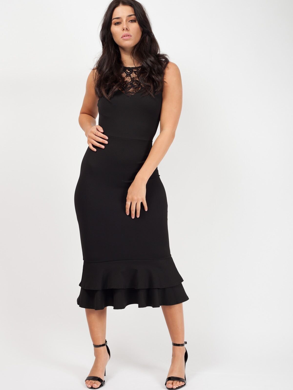 Abito midi con orlo a balze in pizzo all'uncinetto