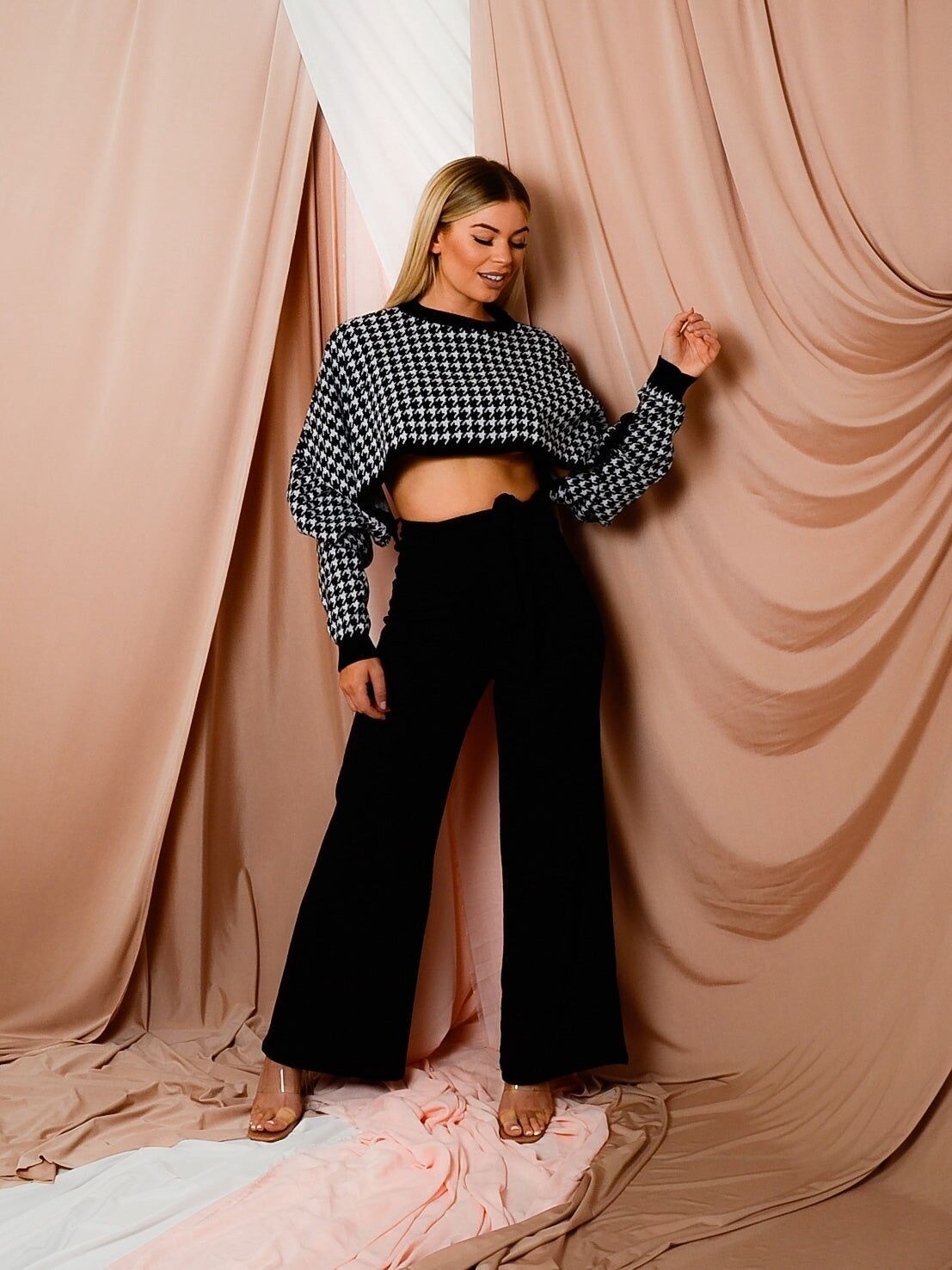 Maglione lavorato a maglia a pipistrello Olivia con motivo pied de poule