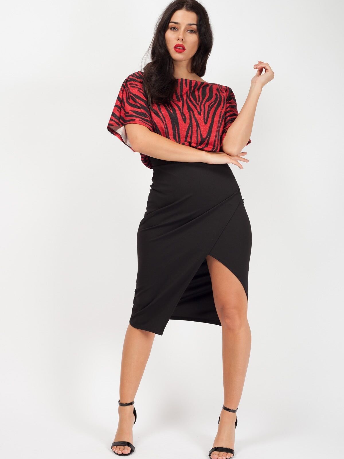 Abito con stampa zebrata in lurex e spacco frontale