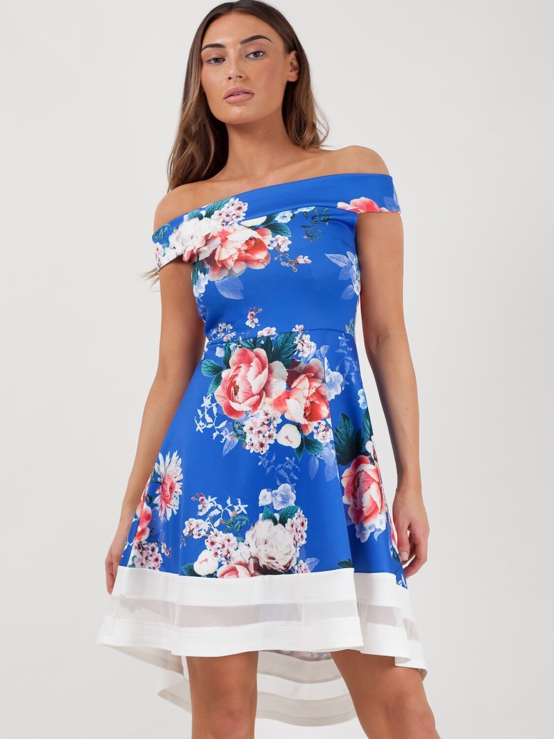 Abito skater Bardot con inserto in rete e stampa floreale a rose