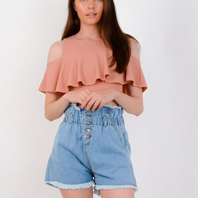 Top con balze e spalle scoperte