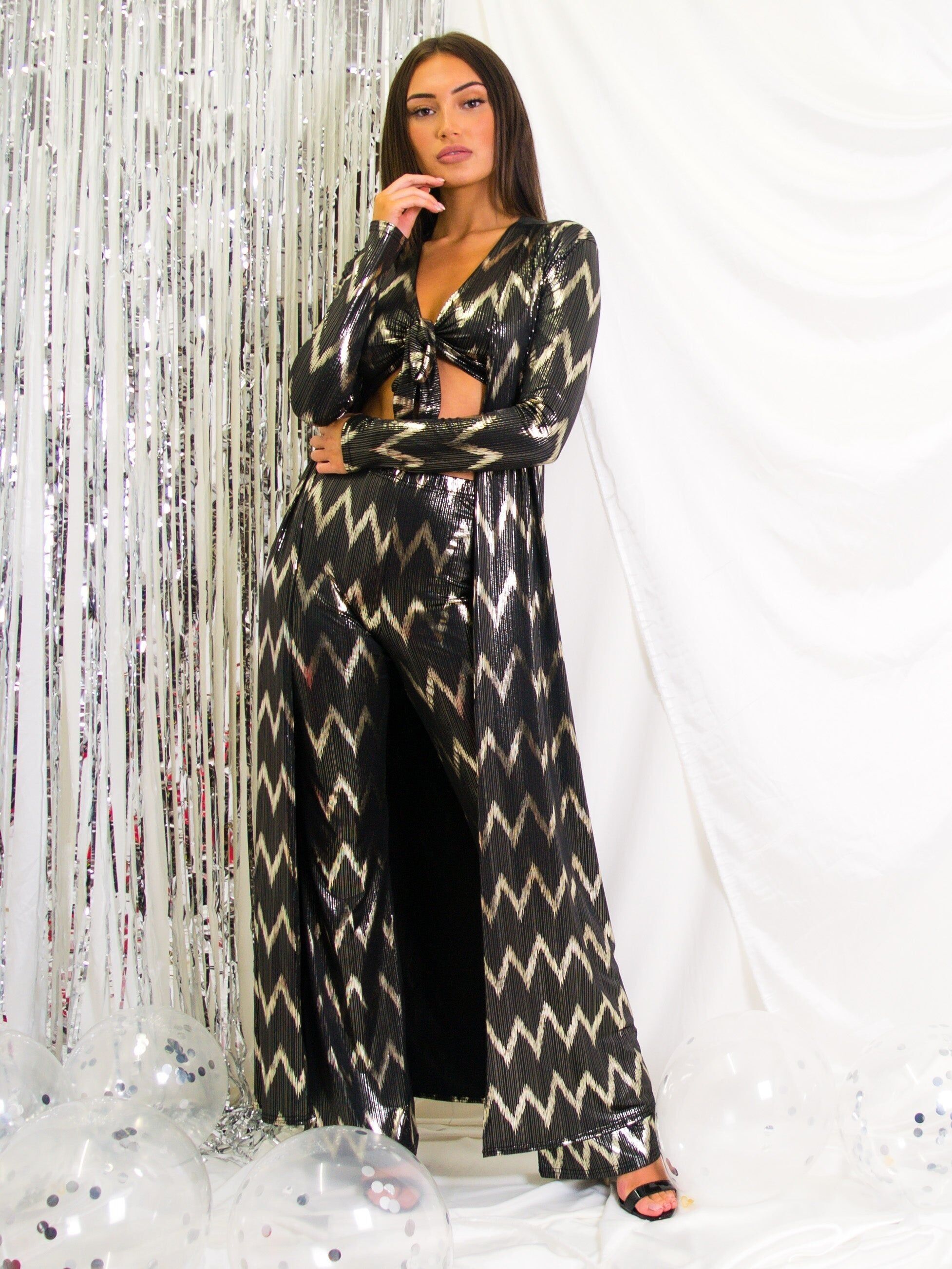 Cardigan lungo aperto con stampa a zig zag in lamina d'oro