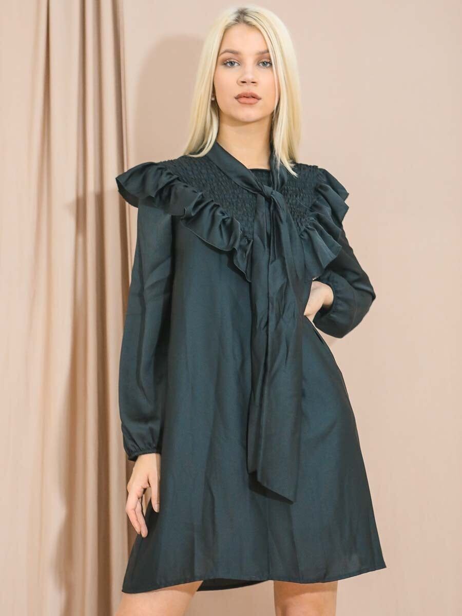 Abito con balze arricciate e nodo in raso