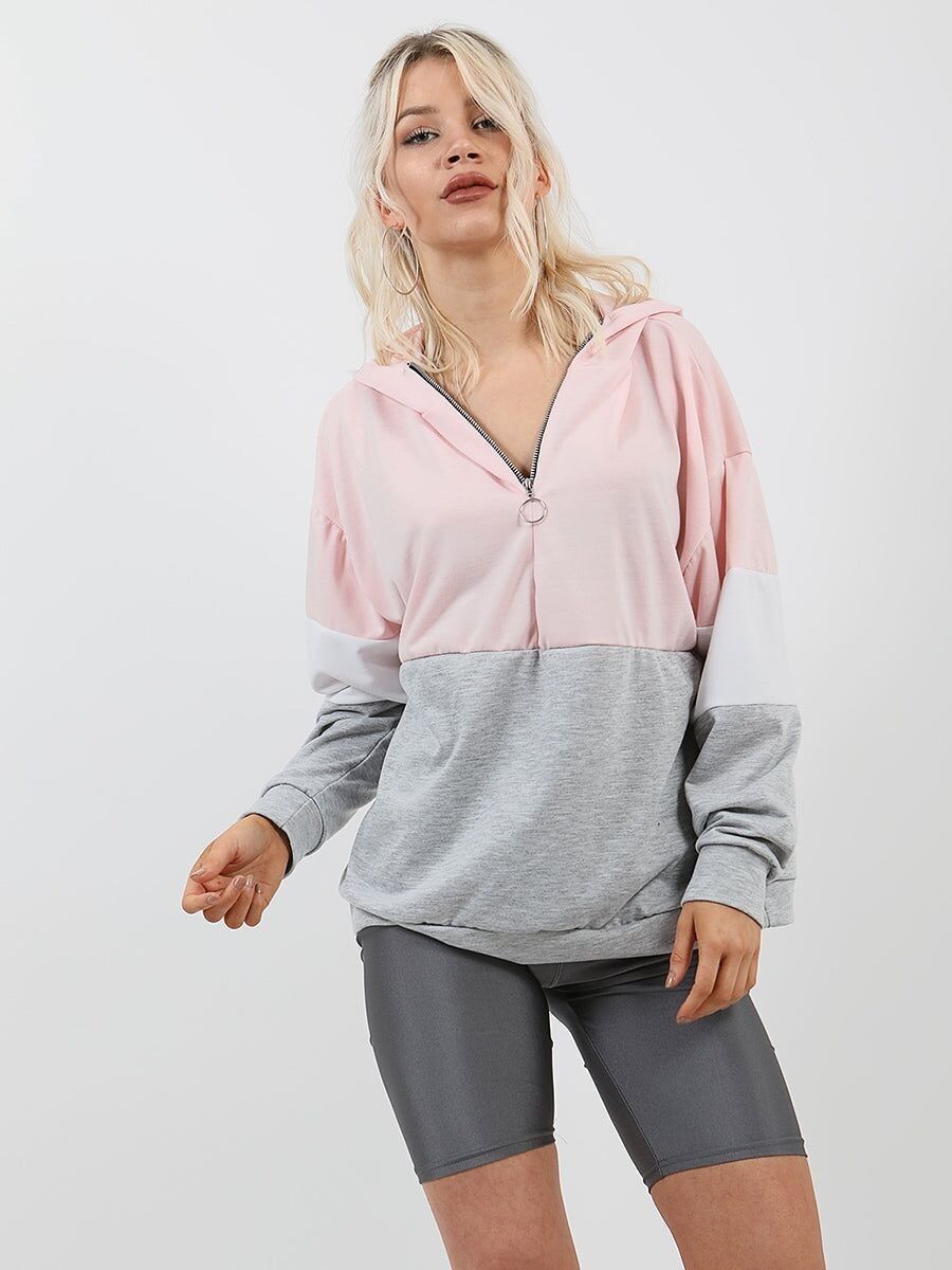 Nuova felpa con cappuccio con zip frontale a blocchi di colore a contrasto