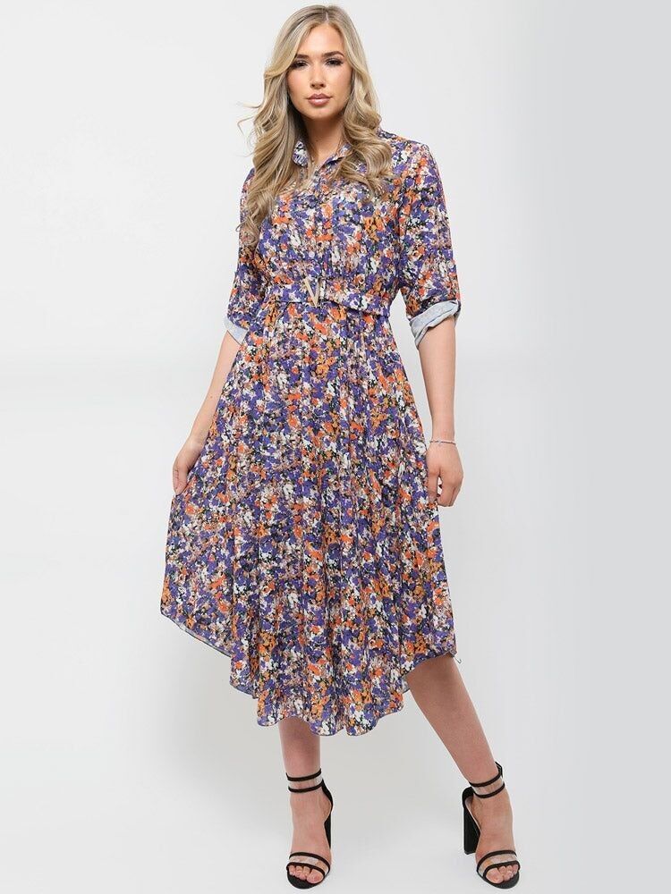 Abito midi con stampa floreale e fibbia a V