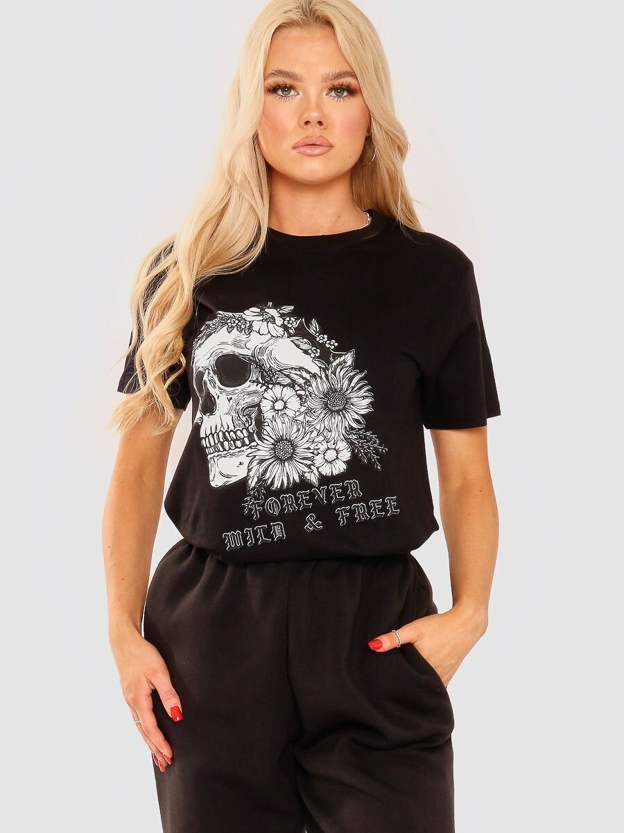 T-shirt con stampa grafica teschio floreale