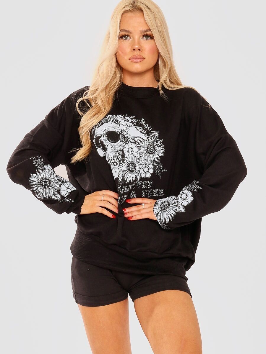 Felpa con grafica floreale a forma di teschio