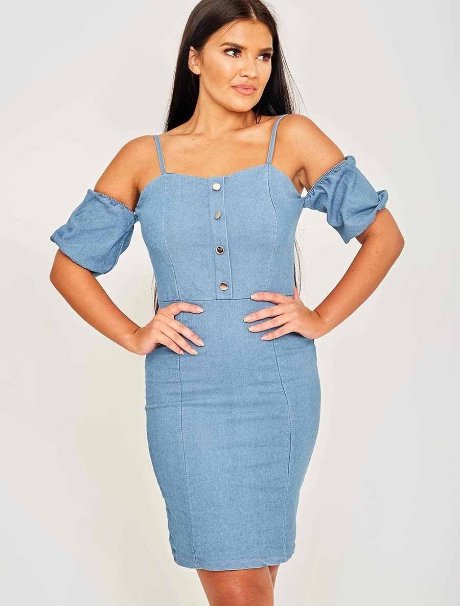 Abito in denim con spalline e spalle scoperte