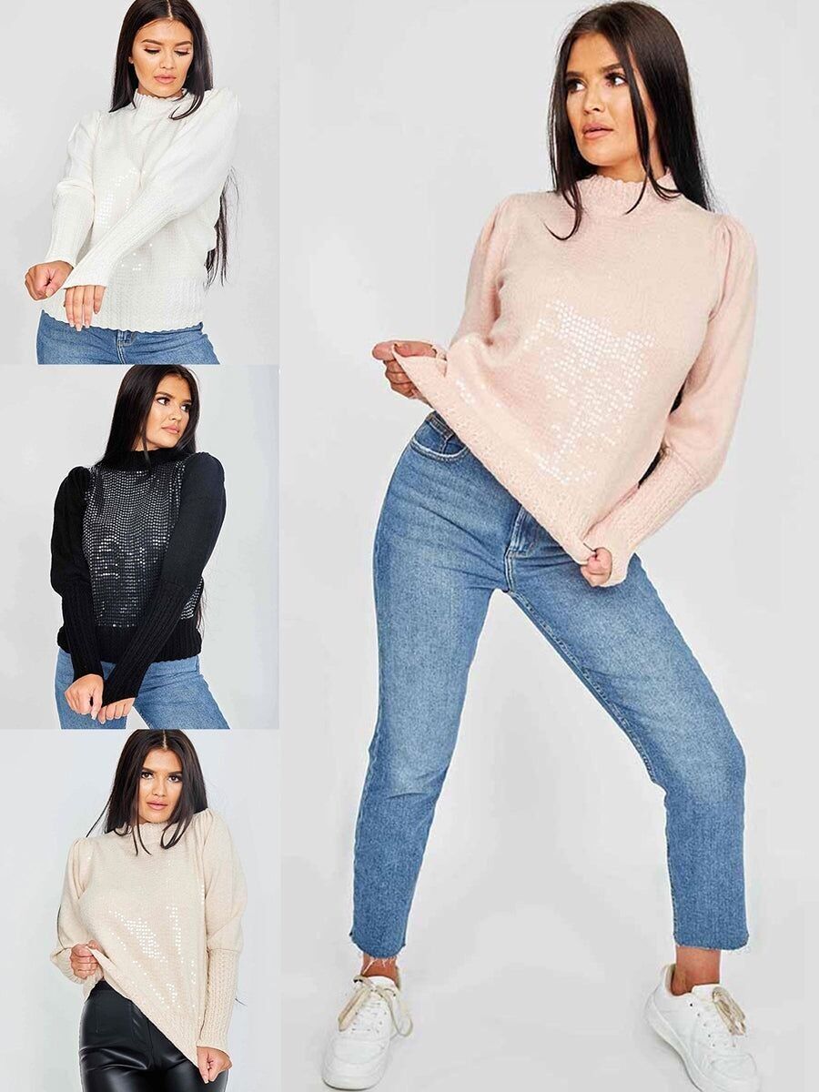 Maglione a collo alto con paillettes e maniche a palloncino, confezione multipla