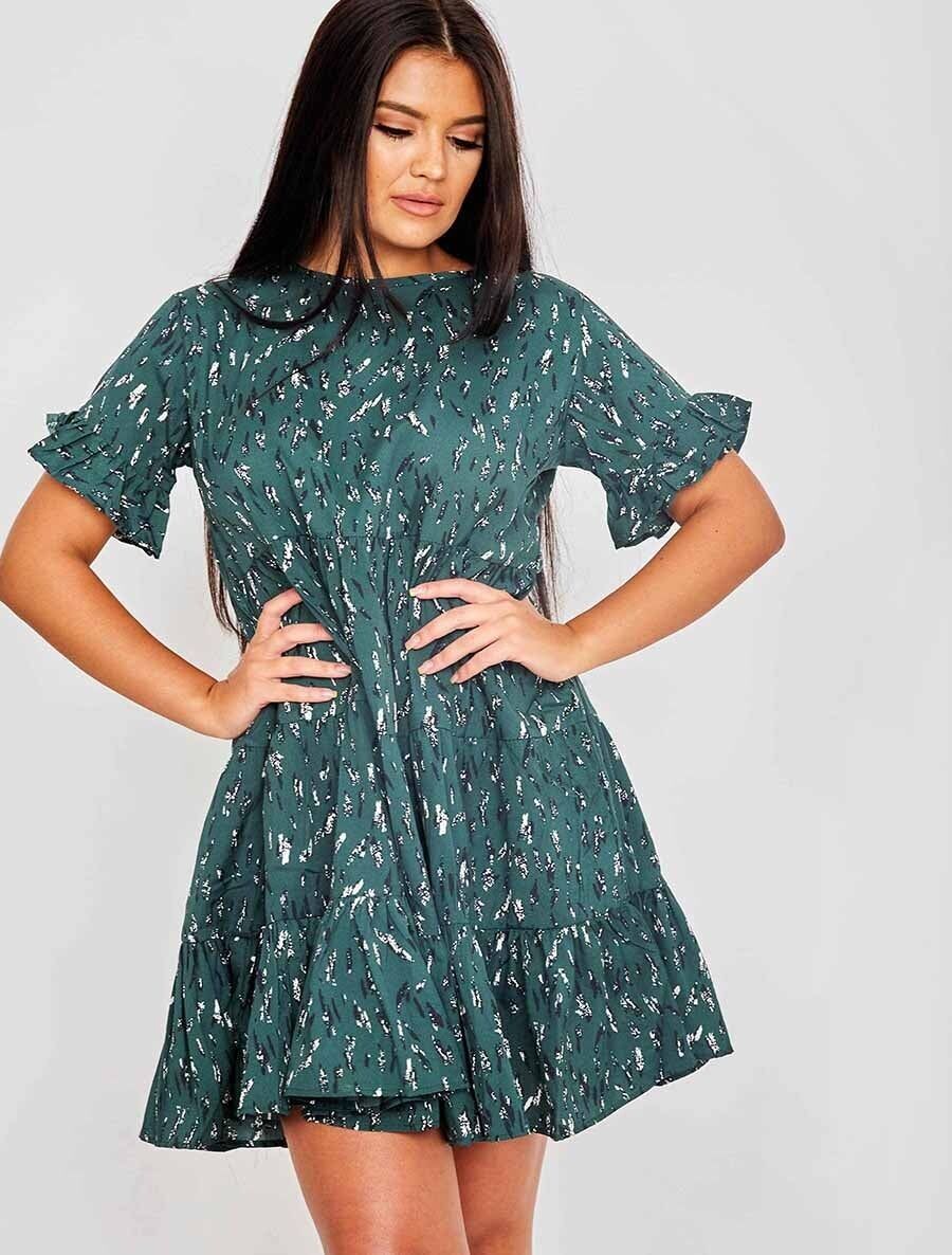 Abito grembiule a balze con stampa astratta