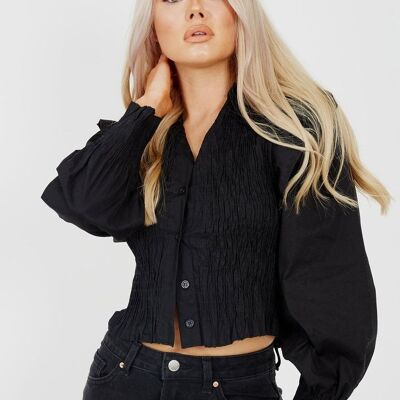 Shirred Frill Detail Cropped Shirt Blouse