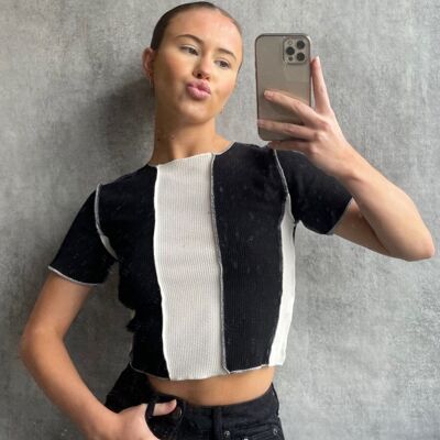 Two Tone Stitch Detail Ribbed Top
