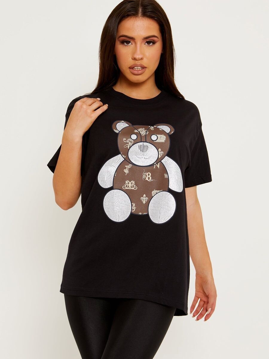 T-shirt con stampa Teddy e dettagli glitterati argento