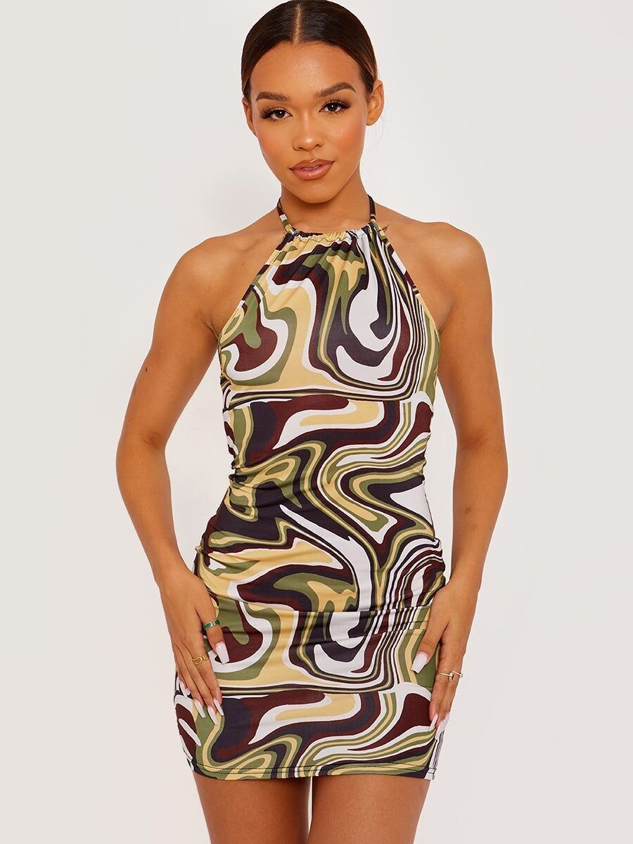 Robe moulante à imprimé marbré et col licou