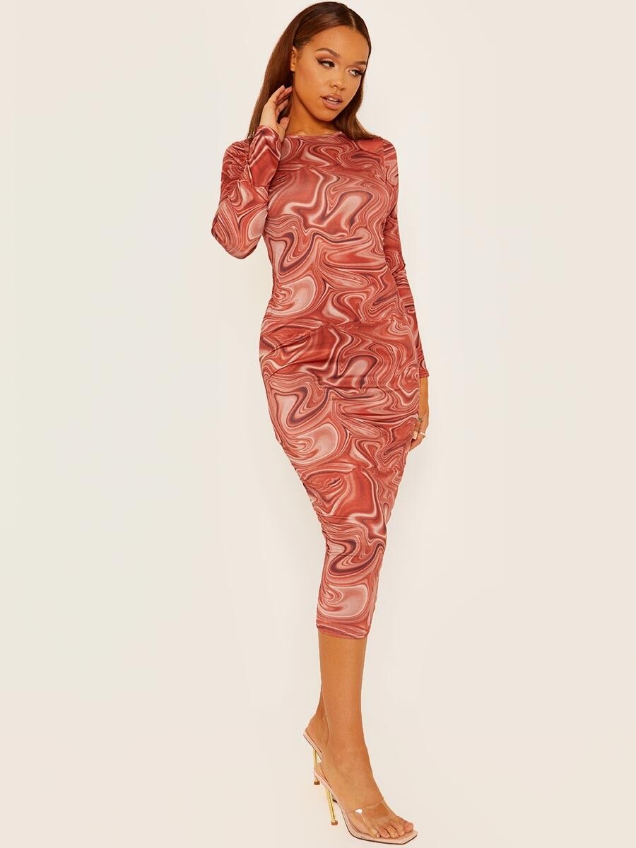 Marble Print Long Sleeve Midi Dress