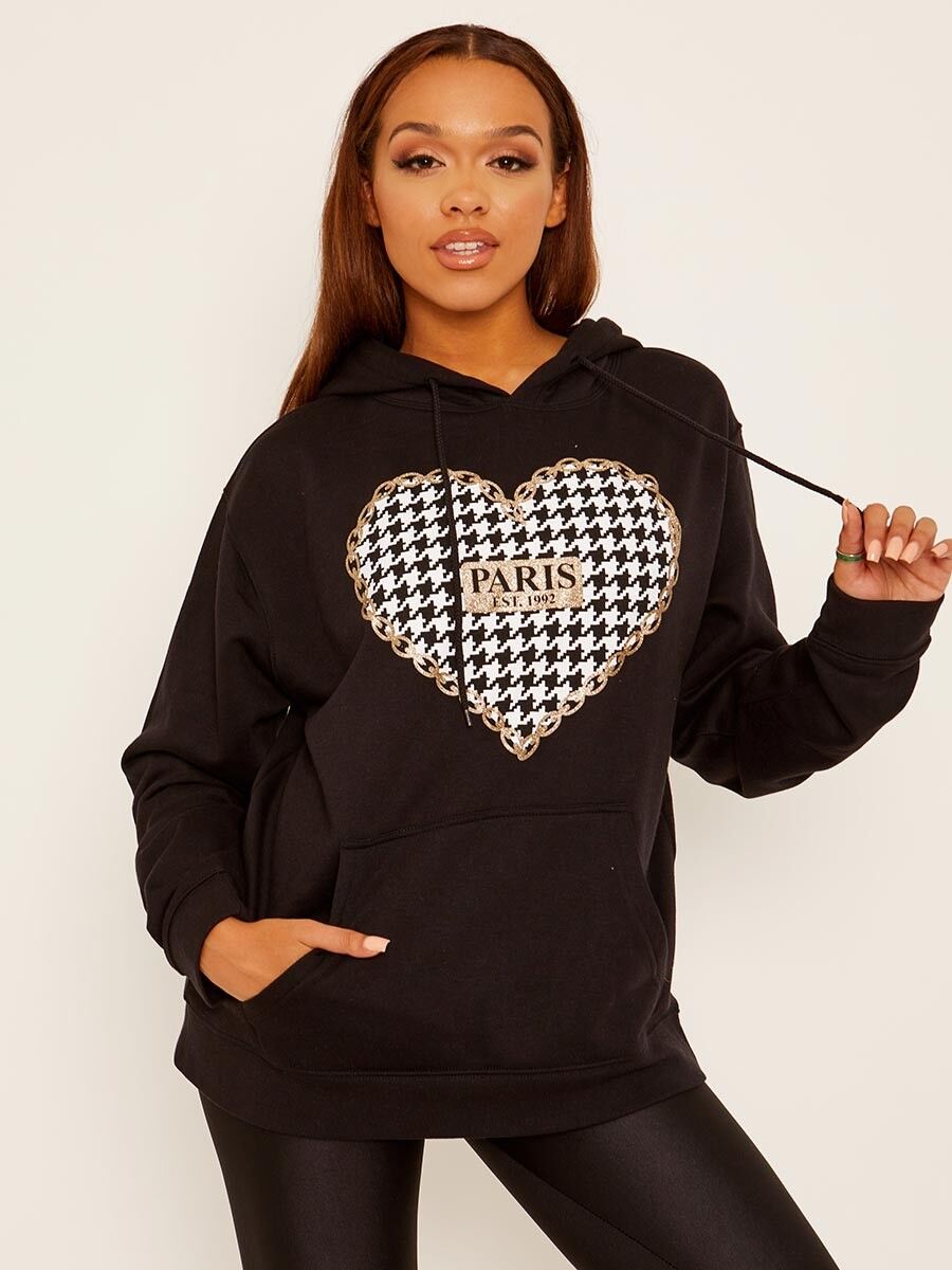 Fleece-Kapuzenpullover mit „Paris“-Hundezahn-Grafik