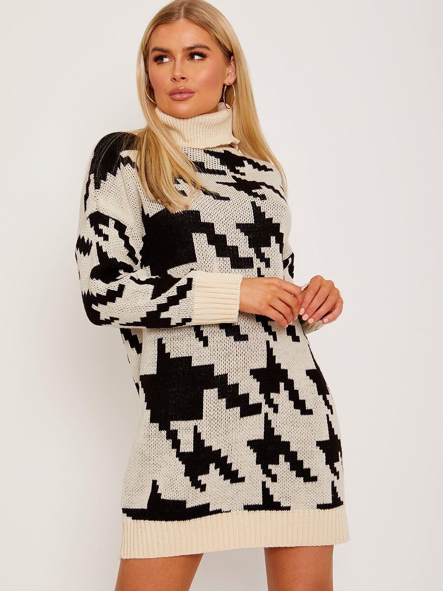 Oversized?Dogtooth?Roll Neck?Knitted Jumper Dress