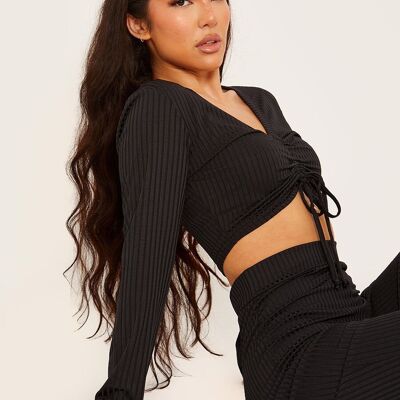 Conjunto de top corto fruncido acanalado y pantalón acampanado
