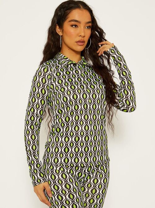 Allover Print Buttoned Collar Top and Trouser Co-ord