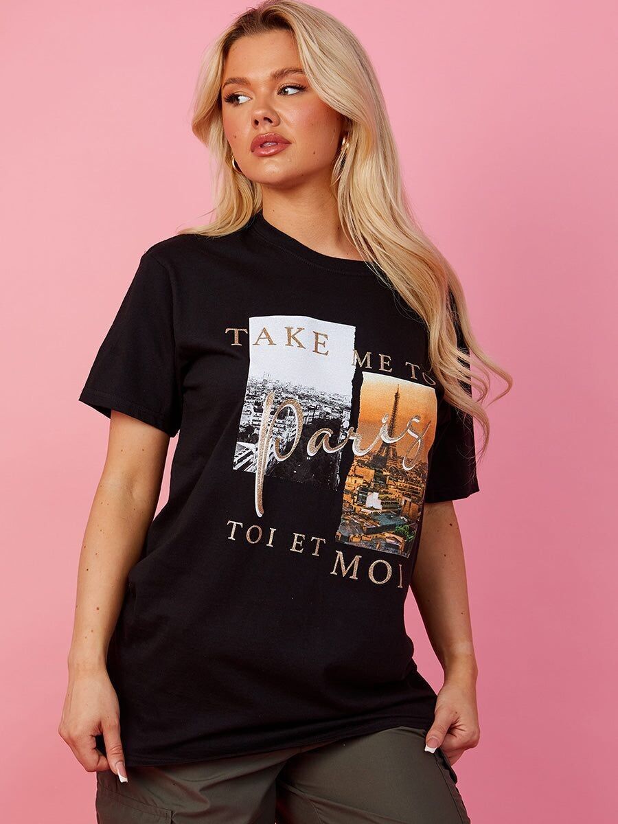 T-shirt con dettagli glitterati e grafica Take Me To Paris
