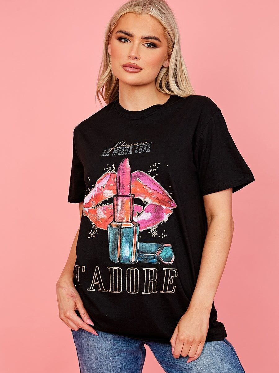 T-shirt con dettaglio grafico glitterato Lipstick J'adore