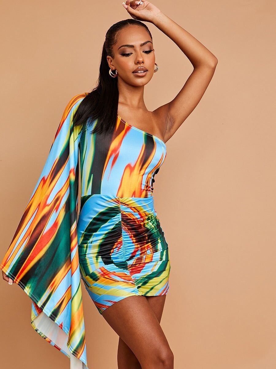 Multi Colour Pattern One Shoulder Flare Sleeve Slinky Dress