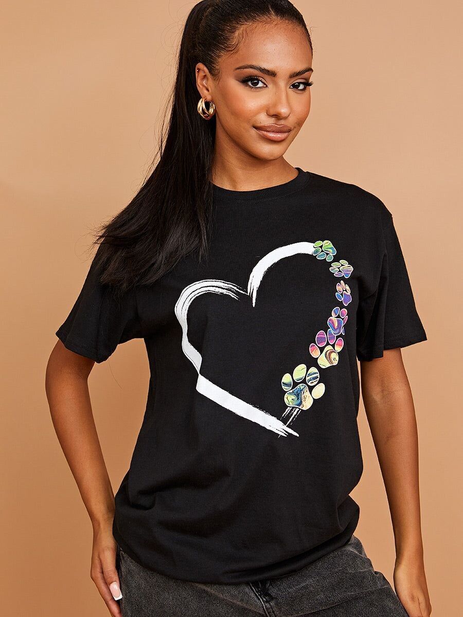 Paw Heart Graphic Printed T-Shirt
