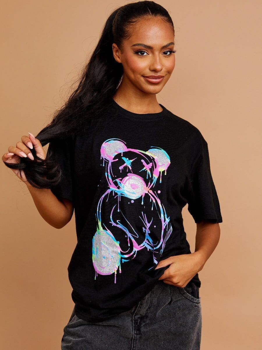 T-shirt stampata con grafica Teddy a goccia colorata