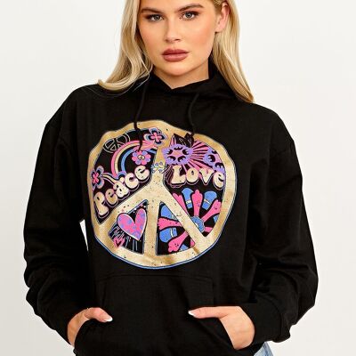 Felpa con cappuccio con stampa grafica Peace Love