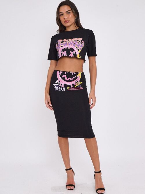 Be-Unique Graphic Crop Top & Midi Skirt Co-ord