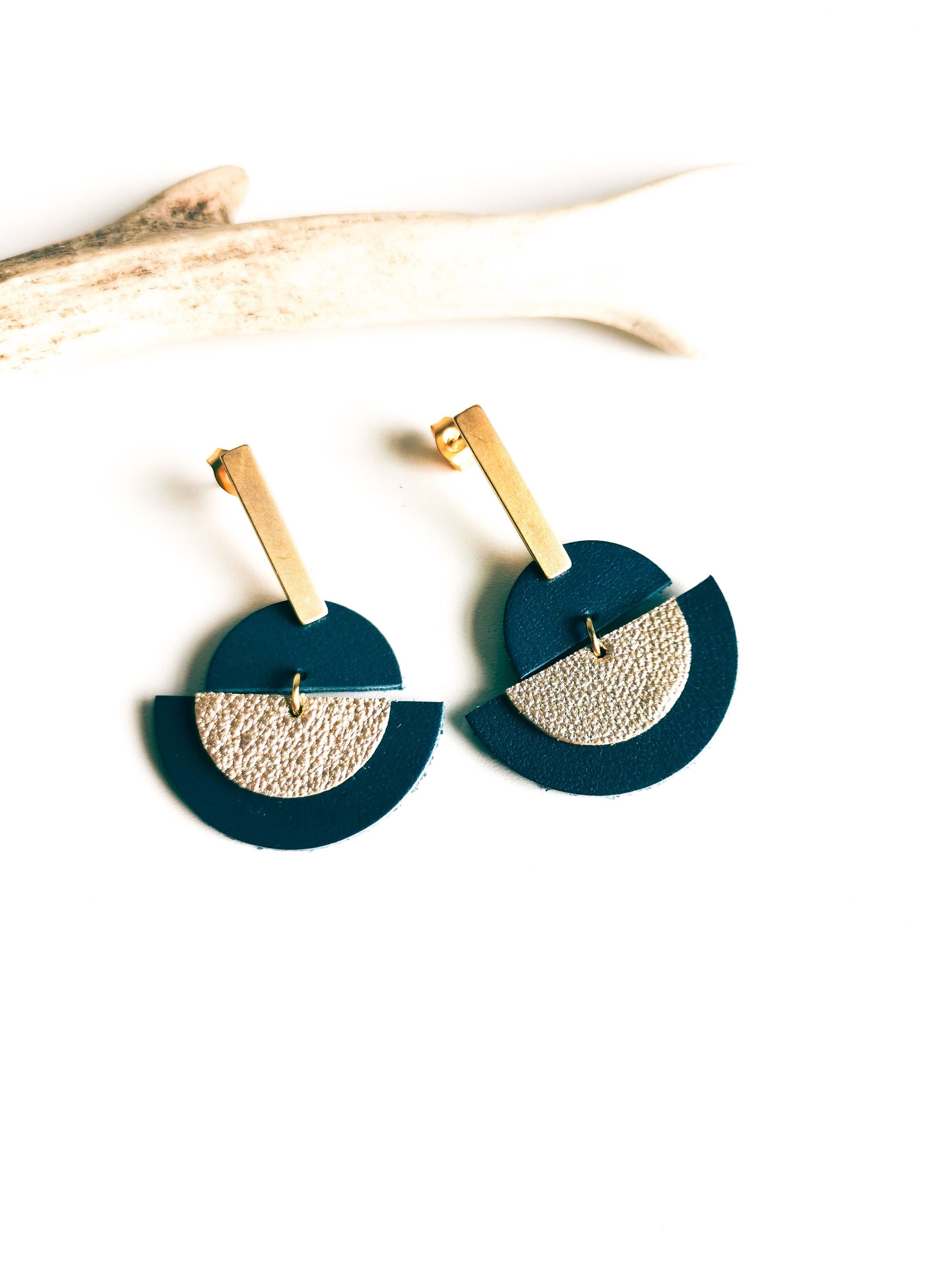 Earrings - LUNA - Leather and gold-plated stainless steel - Duck Blue