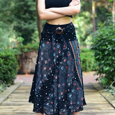Bohotusk Black Peacock Long Skirt With Coconut Buckle (& Strapless Dress) S/M to 3XL