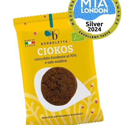 CIOKOS - Biscuits artisanaux bio au chocolat noir 70% et sel de Maldon - Présentoir de 30 sachets de 30g