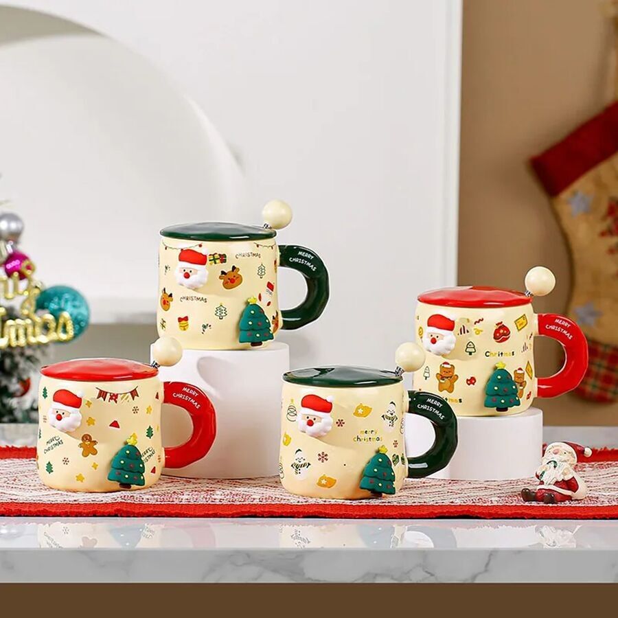 Christmas ceramic mug with lid and  decorated spoon with virtual pearl.  The mugs have strong magnets and  a decorative tree is applied on them  and Santa Claus.  Dimension: 9.5x9.6cm  Capacity: 400ml LM-813