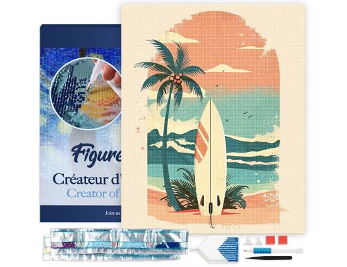 Broderie Diamant - Planche de surf sur la plage 40x50cm toile tendue sur châssis