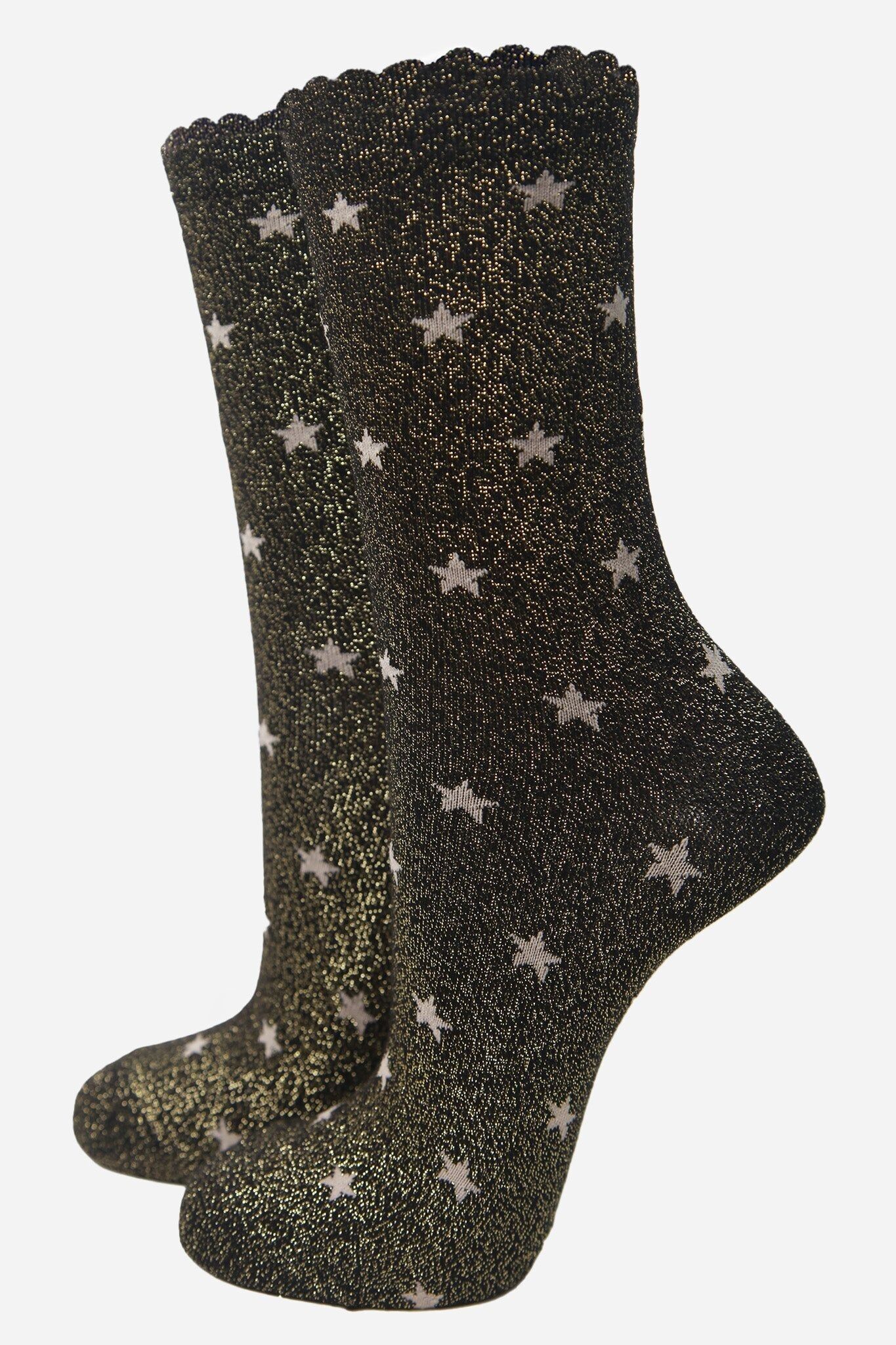 Glitzersocken für Damen - Schwarz/Gold, Sterne