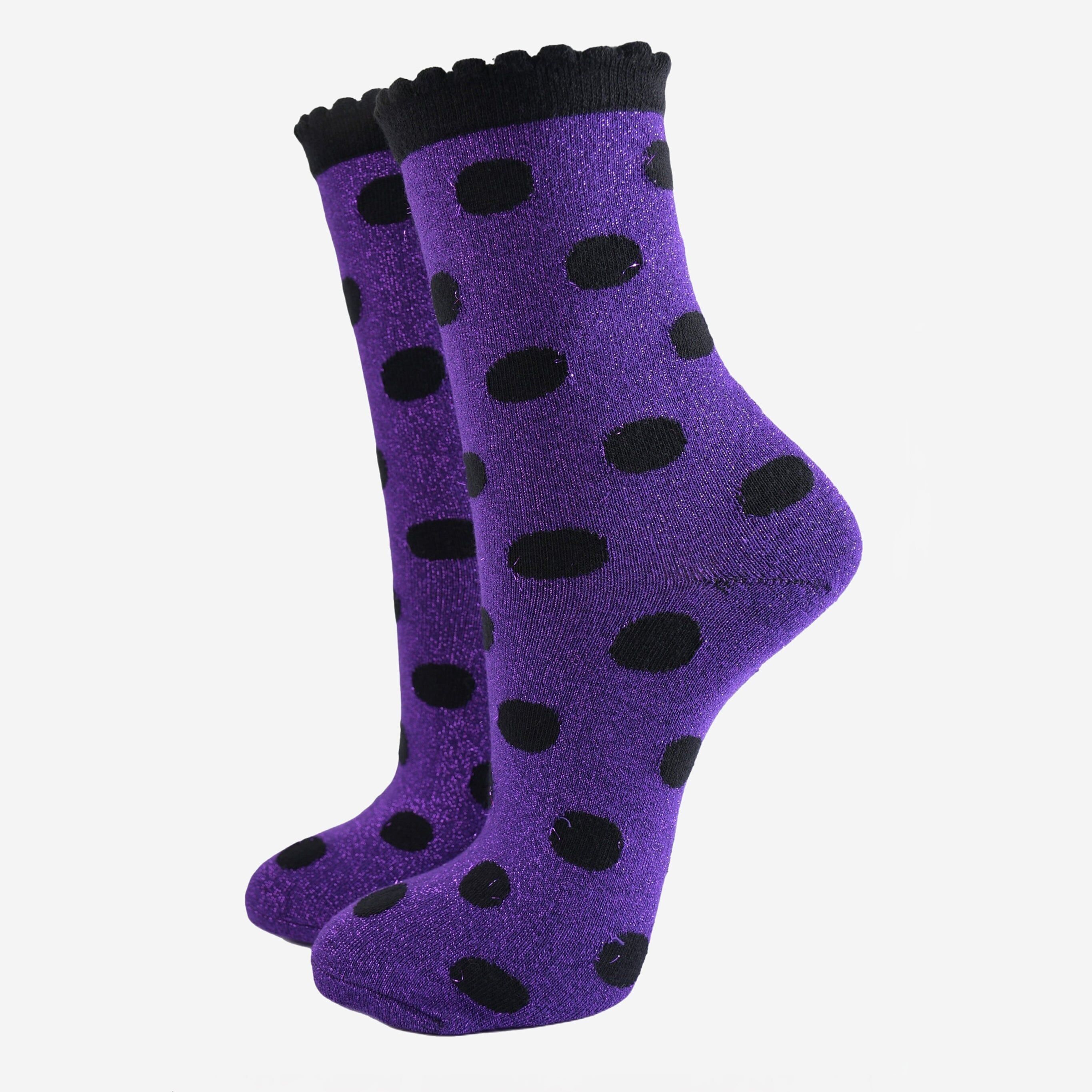 Glitzersocken für Damen - Lila/Schwarz, mittlere Punkte