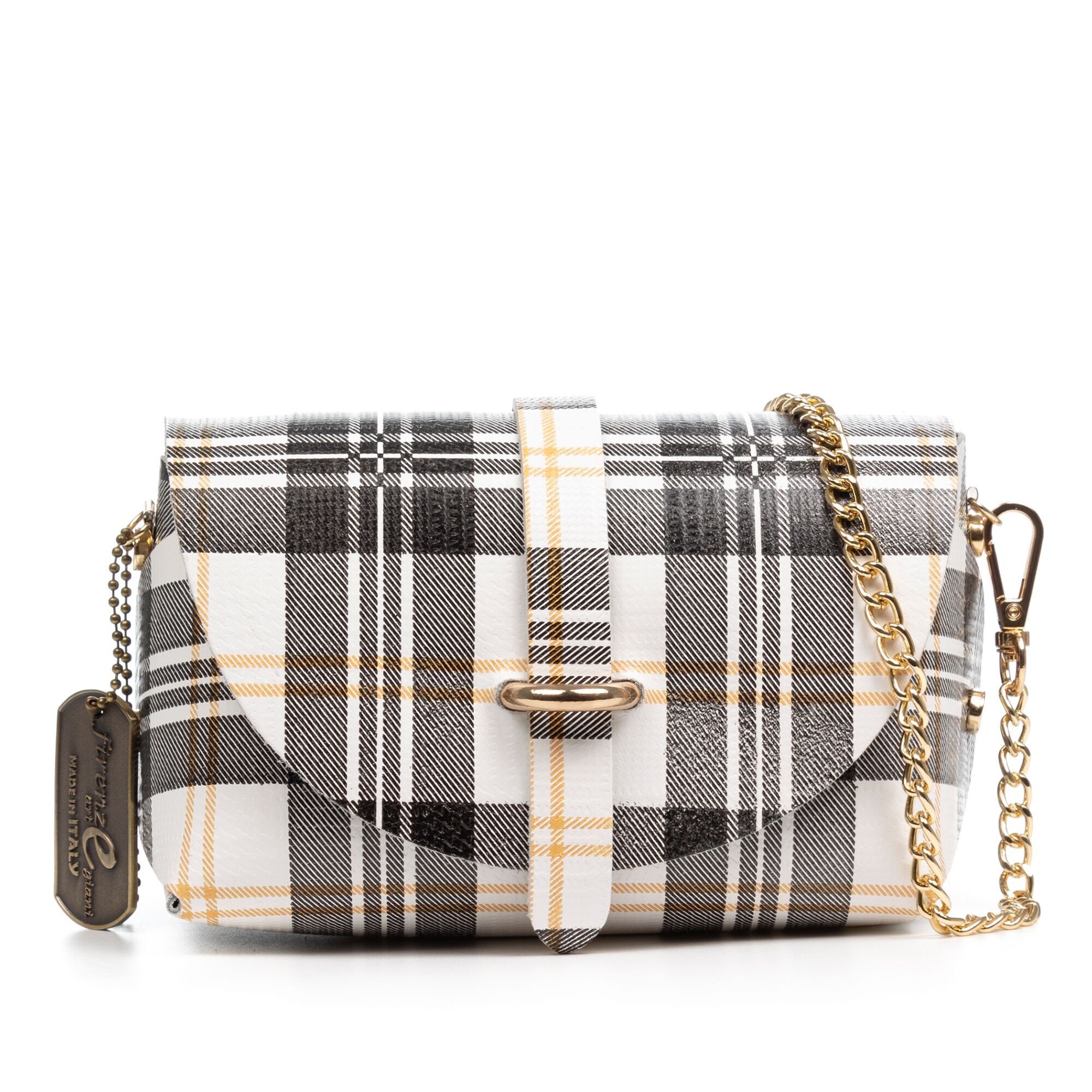 Borsa a tracolla Aurora da donna. Vera pelle Ruga stampata con motivo scozzese.