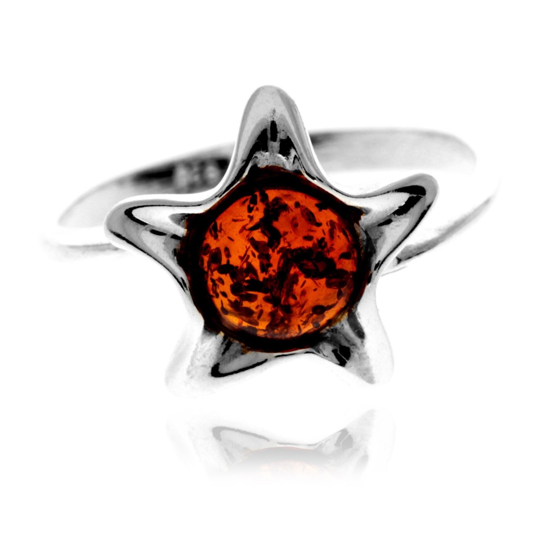 Anello stella marina in argento sterling 925 e ambra baltica autentica - GL759