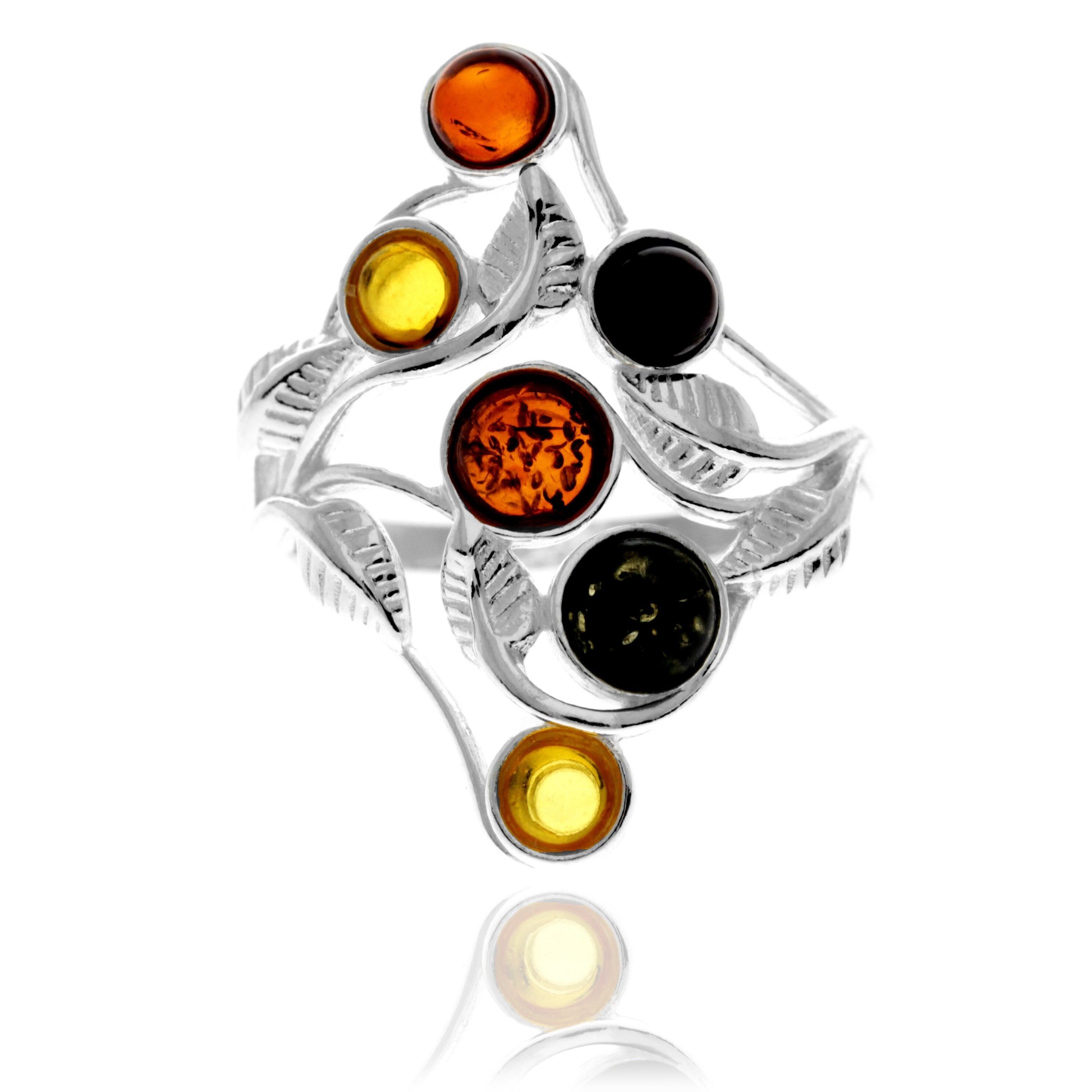 Moderner Ring mit mehreren Steinen aus 925er Sterlingsilber und echtem baltischen Bernstein – GL758